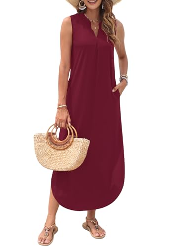 Image of AUSELILY Womens Summer Casual Maxi Dresses 2026 Sleeveless Long Beach Dresses V Neck Loose Sundresses with Side Split Pockets