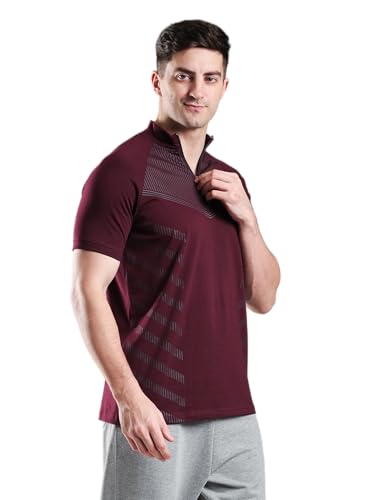 Image of GROW Stylish Aeroflex Zip T Shirt for Men Workout | Cotton and Spandex Quarter Zip Back Printed Collar T-Shirts for Men Half Sleeves
