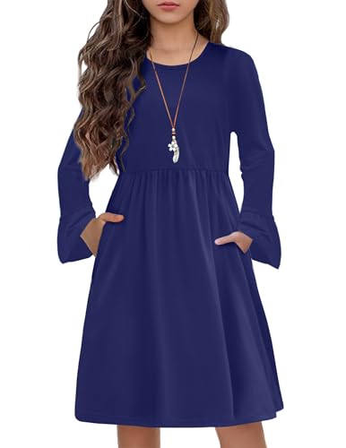 Arshiner Girls Long Sleeve Floral Pleated Swing Dress Kids Casual Dresses with Pockets for 4-13 Years