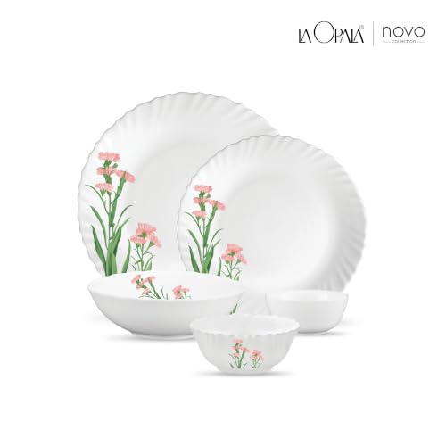 Image of La Opala Opal Glass Crockery | for Family of 2 | Dinner Set 10 pcs Pink Florets | Plates & Bowls for Dining | Microwave Safe | 100% Vegetarian | Extra Strong | Extra Light & White