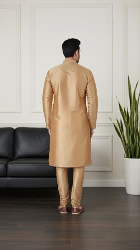 Image of Sadree Men's Silk Blend Mandrin Collor Full Sleeve Knee Length Indian Kurta Chudidar Pyjama Set