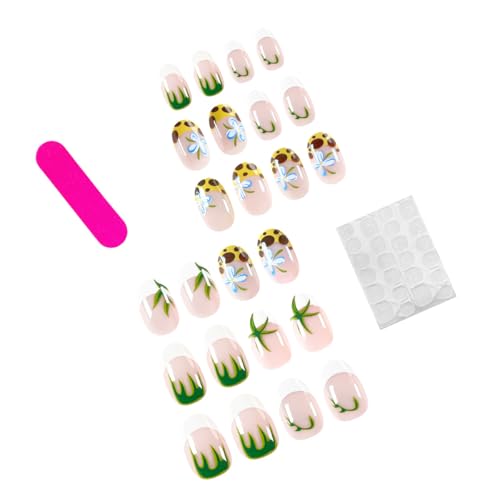 Image of Leopard Print Press on Nails White French Tip Fake Nails Short Almond False Nails with Flower Design Nude Glue on Nails Glossy Acrylic Full Cover Green Grass Stick on Nails for Women Manicure