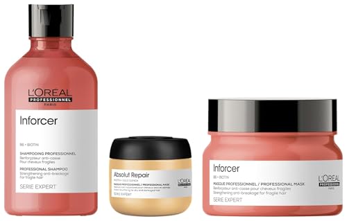L’OREAL PROFESSIONNEL PARIS Inforcer Strengthening Shampoo 300Ml&Hair Mask 250 Gm With Vitamin B6&Biotin For Weak, Brittle Hair, Serie Expert(PackOf2)With Absolut Repair Travel-Size Mask 75Ml,3 Count