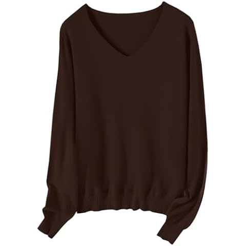 SANGTREE Women's Soft Basic V-Neck Pullover Long Sleeve Knit Sweater, V Neck Coffee, Large Cover