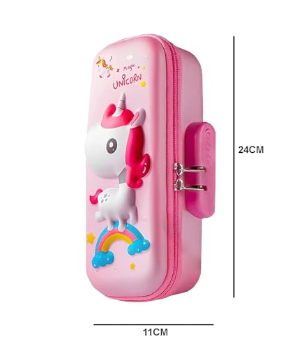 Image of WORSHIPER Plastic Large Capacity with Unicorn Design, Compartment & Zipper Pencil Pouch Combination Lock, Primary School Students Multi-Layer (Unicorn Password Lock Pouch Pink)