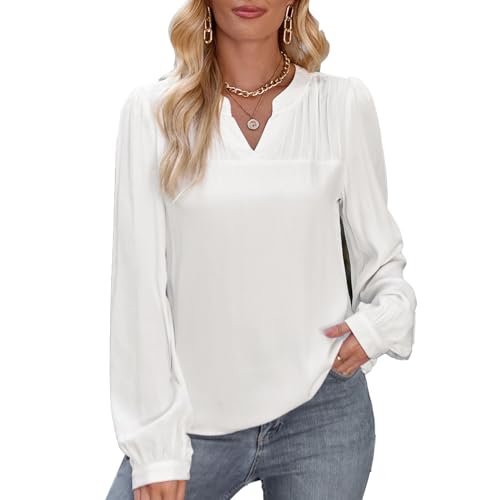 Blusa para mujer, camisa para mujer con mangas abullonadas para viajes, Blanco, M