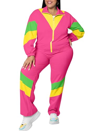 UOUA Plus Size 80s Outfit for Women 90s Costume Long Sleeves Windbreaker 2 Piece Party Tracksuit Pink 5XL