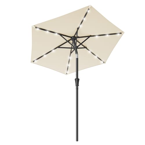 SONGMICS 2.1 m Garden Parasol Umbrella 32 Solar Powered LED Lights UPF 50+ 30 Dual-Tilt System Outdoor Terrace Pool Balcony Without Base Beige GPU222LZ01