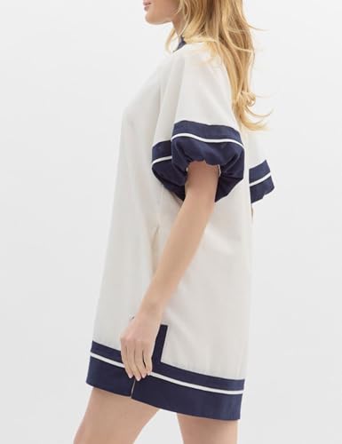Image of Esmeling Women's Color Block Pullover Dress V-Neck Puff Sleeve Dress Mini Shirt Dress with Pockets