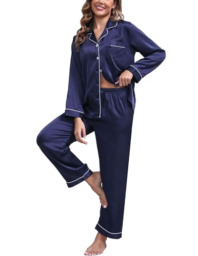 Image of UMBY Silk Satin Pajamas for Women Set 2 Piece Silk Pjs Long Sleeve Top Cozy Sleepwear Silky Pajamas