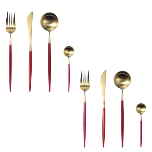 Image of aDai Premium Gold SUS304 Stainless Steel Cutlery Set - 4 Spoons, 2 Fork, 2 Steak Knife - Mirror Finish Dinnerware Flatware (Cherry Red - Set of 8)