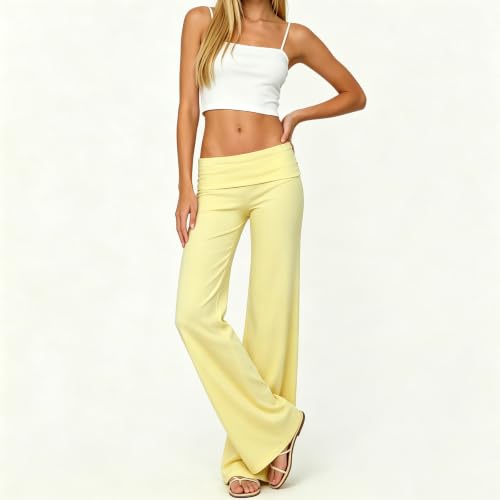 Image of Lounge Yoga Pants for Women Fold Over Low Waist Wide Leg Bell Bottoms | Y2K Foldover Pants, Flare Leggings, Low Rise Yoga Sweatpants