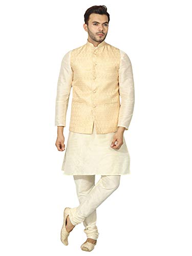 Image of Uri and MacKenzie Men's Silk Blend Regular Kurta Churidar Pyjama with Bundi Nehru Jacket /Waistcoat