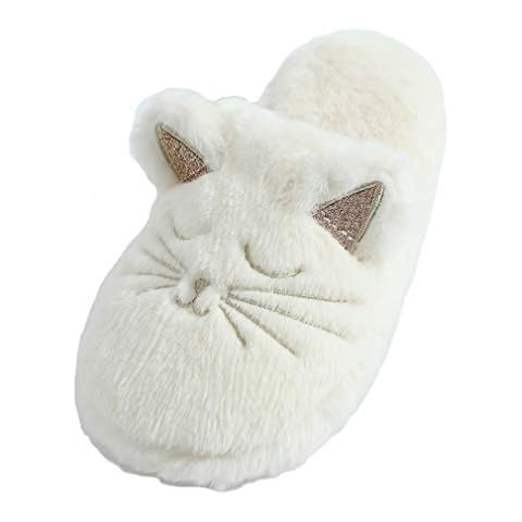 Kathyland Fuzzy Cat Animal Slippers Animal Raccoon Fluffy Memory Foam Home Cozy Slipper Gifts for Women Girls (5-6, Cat) Cover