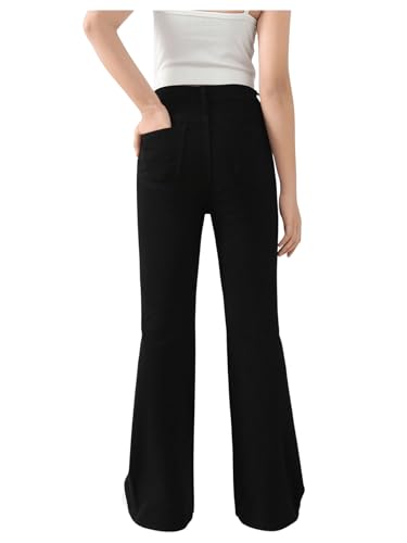 SHENHE Girl's High Waisted Flare Leg Frayed Raw Hem Bell Bottom Jeans Denim Pants2