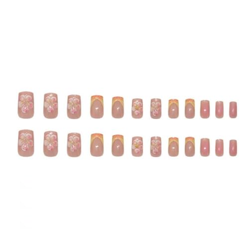 Image of Floral Press on Nails French Tip Fake Nails with Pink Ombre Design 5D Stripe False Nails Medium Square Glue on Nails Spring Nail Acrylic Full Cover Glossy Stick on Nails for Women Manicure 24Pcs