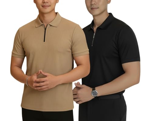 Image of MACK JONNEY Men's Cotton Self Design Polo T-Shirts | Front Half Zipper | Pack of 2 | Multicolour