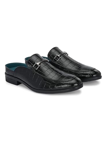 Image of San Frissco Men's Formal Loafers Leatherette Textured Trending Shoes with Buckle,Semi Casual Cushioned Footbed Formal Mules for Party, Slip-On Loafers, Lightweight and Comfortable Shoes