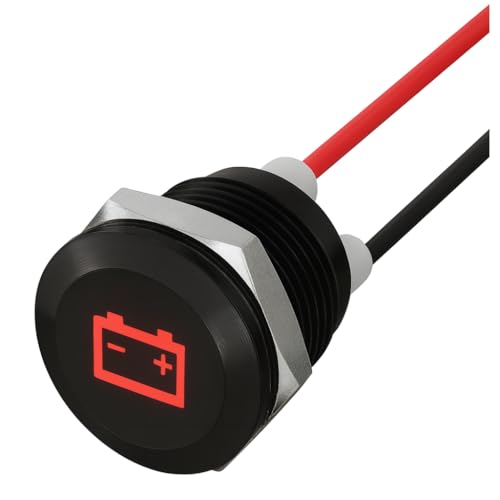 DBG 12mm Screw-Fit LED Warning Light | Panel Mount Indicator w/ Symbols | 12V-24V DC | IP65 Waterproof Signal Lamp for Industrial & Automation Panels (Red | Battery | 12V | Fly Lead)