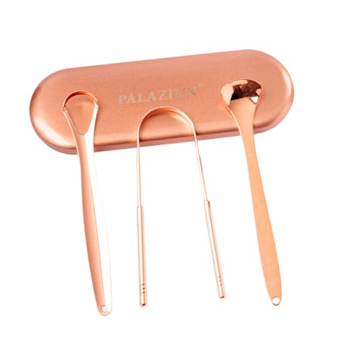 Raspador Limpador de Língua 100% Cobre Puro Kit 3 Peças Com Estojo - Ferramenta Profissional Higienizador Lingual Palaziun de Luxo Ayurveda