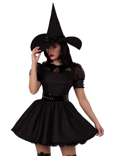 Leg Avenue Womens Classic Bewitching Witch Costume Plus Size Costumes with Witch Hat and Matching Belt, 1X-2X, Black