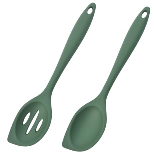 2-Pieces Silicone Cooking Spoon Spatula, Large Serving Spoons for Solid and Slotted, Heat Resistant Non-Stick Silicone Cooking Utensils Set, for Kitchen Mixing, Scooping, and Scraping