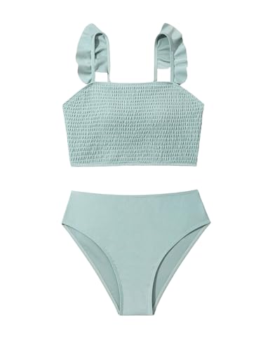 OYOANGLE Girl's Bikini Set Ruffle Strap Shirred Wireless Mid Rise 2 Piece Bathing Suit