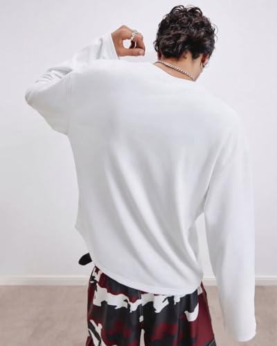 Image of Full Sleeve White & Black Cotton Oversized Solid Men's T-Shirt | Crew Neck Relaxed Fit Long Sleeve Tee | Breathable Winter Layering Essential | Sizes S to XL | TS115-BLK-S