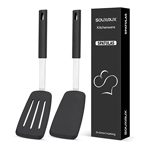 2 Pcs Silicone Solid and Slotted Spatulas Turners Set, Non-Stick BPA Free High Heat Resistant Handy Kitchen Utensils for Cooking, Grill, Flipping Eggs, Fish, Pancake(Black) Cover