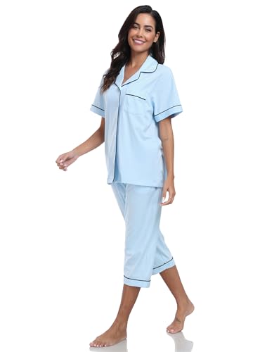 Image of COLORFULLEAF 100% Cotton Capri Pajama for Women Set Summer Short Sleeve Pj Sets for Women Cotton Sleepwear