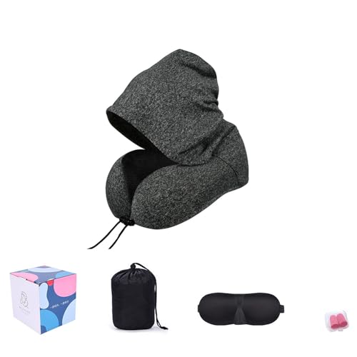 diceevil ネックピロー 首枕 ネックリラックスピロー ネックピロー コンパクト 携帯枕 トラベルピロー 飛行機 快適グッズ 低反発 フード付き 丸めて収納 旅行 夜行バス お昼寝 プレゼント ダークグレー