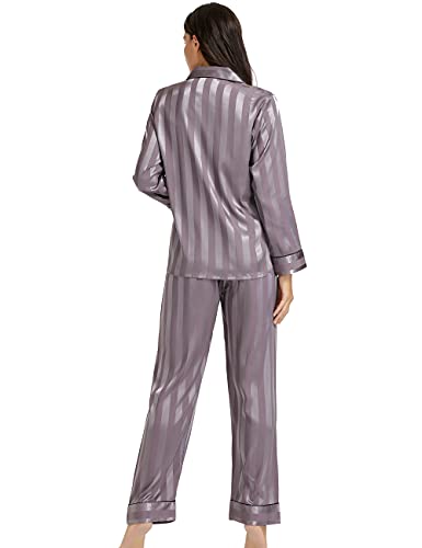 Lonxu Womens Silk Satin Pajamas Set Grey Striped M #TOP1