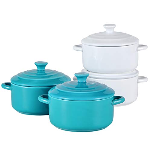 Bruntmor 8.5 Oz Mini Cocotte Ceramic Ramekins For Baking, Mini Casserole Dish With Lid, Cute Stoneware Individual Severing Pot, Ramekins 8 Ounce Oven Safe Souffle Dish (Teal,White) #TOP14