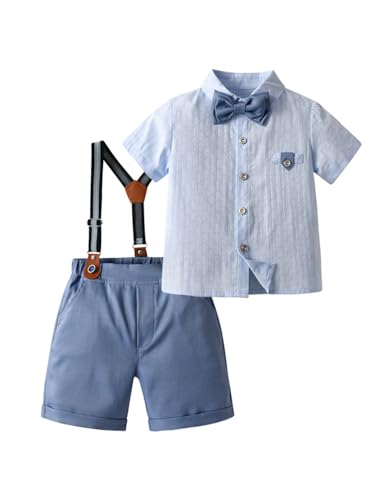 Image of SANGTREE Baby Shorts Dress Clothes Set, T-Shirt + Bowtie + Suspender Shorts Outfit, 3 Months - 14 Years