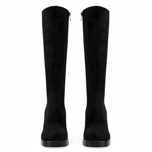 Image of SOVANYOU Black Leather Boots Platform Boots for Women Fashion Square Toe Chunky Block Heeled Boots Side Zip