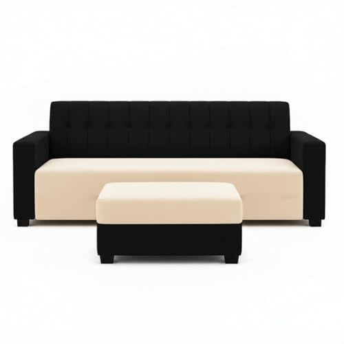 Image of FURNY Luxora 2 Seater Fabric Sofa Set with 1 Ottoman (Black-Cream) with Velvet Finish | Durable Comfort | Ideal for Living Room. | Breathable material
