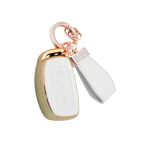 Image of Keyzone Litchi Leather Textured TPU Key Cover & Keychain for Exter, Creta, i20, Aura, Xcent, Tucson, Elantra, Verna, Grand i10 3 Button Smart Key (White)