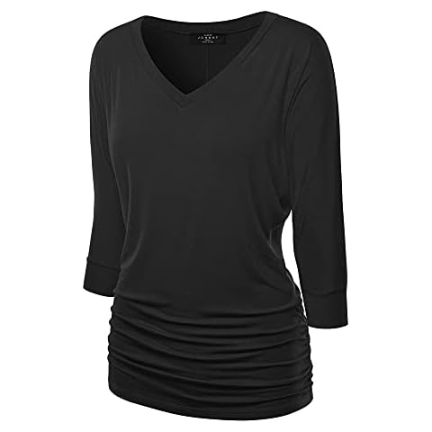 Made By Johnny MBJ WT1036 Womens V Neck 3/4 Sleeve Dolman Top with Side Shirring XL Black Cover