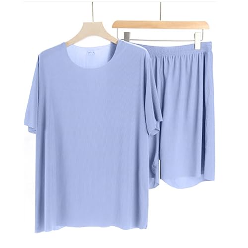 Men Summer Pajamas Set Soft Silk Sleepwear Crewneck Short Sleeve Tshirts Loose Shorts Loungewear Pjs Comfy Nightwear3