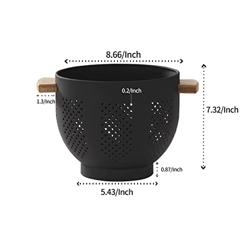 Metal Colander With Wood Handle, 5.5 Quart Powder Coated Steel Large Kitchen Strainer Stable Base,Matte Black #TOP1
