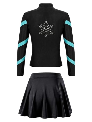 easyforever Kids Girls Sports Outfit Stripe Stand Collar Zipper Sweatshirt With Athletic Skirt Sets Dancewear Activewear Blue Green 12-13 Years4