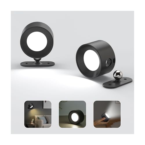 Feallive LED Wandleuchte Innen, Wandlampe mit Akku 2 Stück,Touch Control 3 Helligkeitsstufen, 360° drehbare, für Wohnzimmer Schlafzimmer TreppenhausFlur kabellose wandleuchten Schwarz