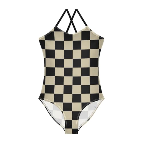 Image of Black and White Chess Girls One Piece Swimsuits Board Marble Tile Sport Halter Swimwear Beach Bathing Suit 3T
