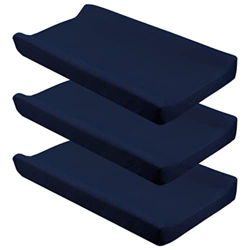 Image of CaSaJa Navy Diaper Changing Pad Cover with Strap Holes Set of 3, Snug Fit 4-Sided Contoured Changing Table Pad 16x31 16x32, Fitted Change Pad Sheet for Baby Boy, 100% Silky Soft Microfiber