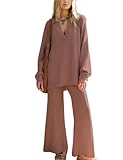 Freyhem Womens 2 Piece Outfits Knit Loungewear Casual Loose Sweatsuit V Neck Pullover Wide Leg Pants Oversized Sweater Set(Dustypink-M)