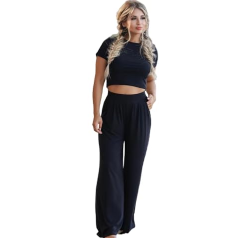 Yomcud Fashion casual short-sleeved T-shirt+trousers two-piece loose women's dress (Black, XL)