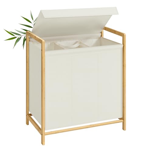 SONGMICS Panier à Linge 3 Compartiments, Corbeille à Linge Sale, Structure en Bambou, Couvercle Renforcé et Amovible, Sac Amovible, 150 L, Blanc Crème...