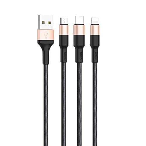 Hoco X26 - Xpress, 3-in-1 Charging Cable (2A - 1M), USB-A To Lightning/USB-C/Micro-USB Plug, Compatible With iPhone iPad Airpods Samsung Huawei Xiaomi Oppo - Black/Gold