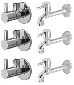 Spazio Stainless Steel Turbo Angle Valve With Long Body Combo Pack Foam Flow Water Taps With Wall Flange (Pack of 3) (Chrome Plated, Brass Disc)