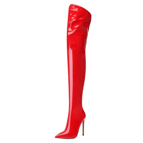NUMALEO Women's Over the Knee Thigh High Boots Stiletto Pointed Toe Zipper Tall Boots Sexy High Heel Patent Long Boots for Women Fall Fashion Dress Boots